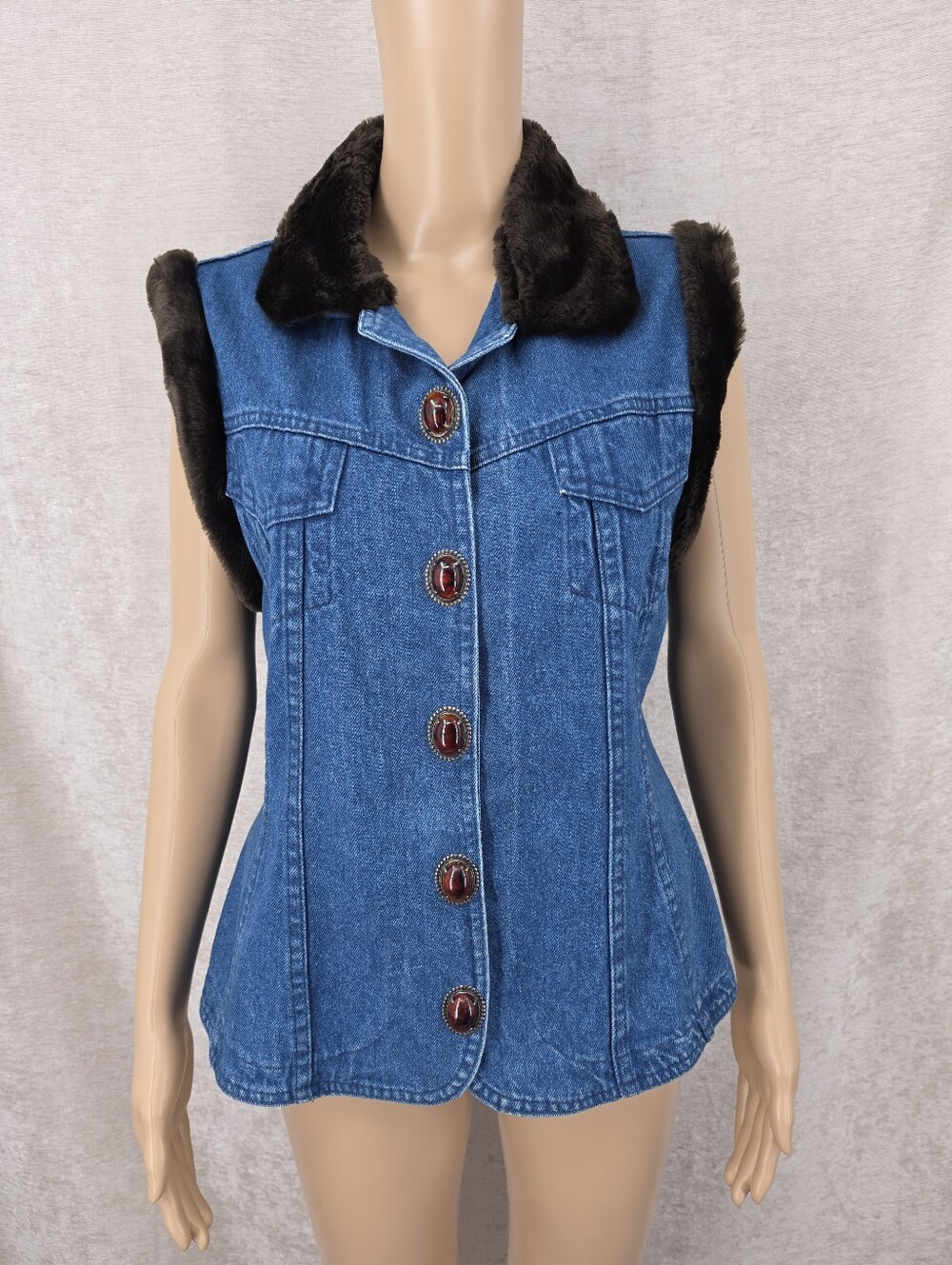 Vintage Blue Jean Denim Vest Faux Fur Trim Faux Cabochon Gemstone Snaps